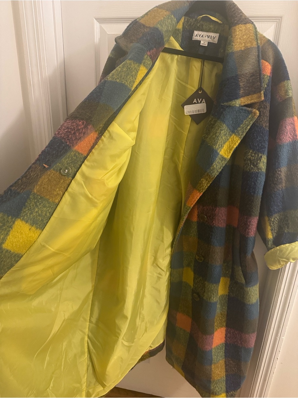 Ava & Viv Women's Multi-Color Plaid Pea Coat with Yellow Lining